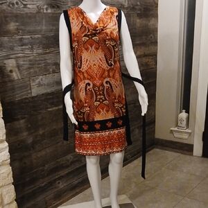 Elegant Paisley Midi Dress in Orange and Black